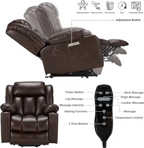 Miniatura 4 de Silla reclinable grande de cuero para personas mayores con función de masaje y calefacción, silla convertible Lazy Boy con portavasos, puertos USB