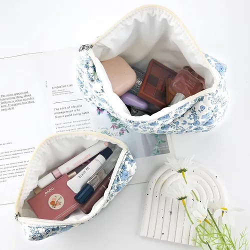 Miniatura 5 de 2 bolsas de maquillaje acolchadas de algodón para viaje, bolsa grande y pequeña para mujeres, bolsas de maquillaje de coqueta floral, bonita bolsa