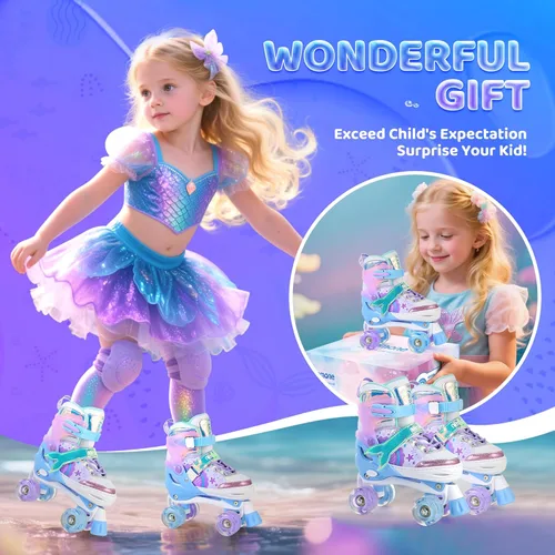 Miniatura 4 de NEMONE - Patines de sirena con ruedas iluminadas y 4 tamaños ajustables para niñas, azul y morado, para niños pequeños, para principiantes, de A