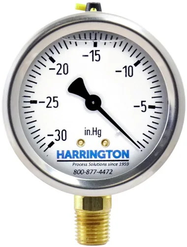 Harrington 52895686 Medidor de vacío lleno de líquido de 2-1/2 pulgadas, 30 inHg/0 psi de acero inoxidable 304 con tapón de llenado ventilado,