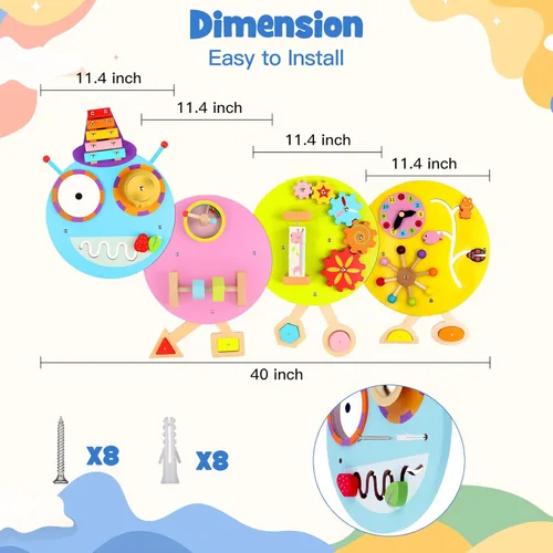 Miniatura 3 de Paneles de pared de actividades Caterpillar para niños pequeños: juguete sensorial de pared 12 actividades, juguete montado en la pared, decoración