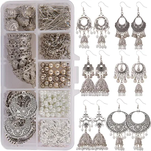 SUNNYCLUE 1 caja de bricolaje 6 pares de aretes colgantes étnicos indios vintage, kit de fabricación de aretes colgantes Jhumka Jhumki Bollywood