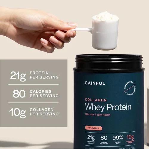 Miniatura 7 de Polvo de proteína de suero de colágeno Gainful, 21g de proteína por porción, sin sabor, apoya la recuperación muscular, la salud