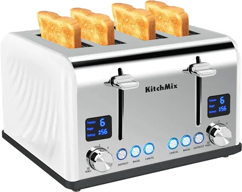 Miniatura 13 de Tostadora de 4 rebanadas, tostador de panecillos de acero inoxidable KitchMix con temporizador LCD, ranuras extra anchas, pantalla dual, bandeja