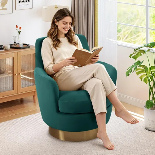 Miniatura 17 de Silla giratoria de 30 pulgadas, moderna y acogedora silla giratoria de barril de 360°, silla redonda de terciopelo, silla de lectura copetuda