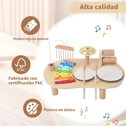 Miniatura 3 de Juego de batería de madera para niños pequeños de 1 a 3 años, instrumentos de percusión musical para niños, juego de batería para bebés, xilófono