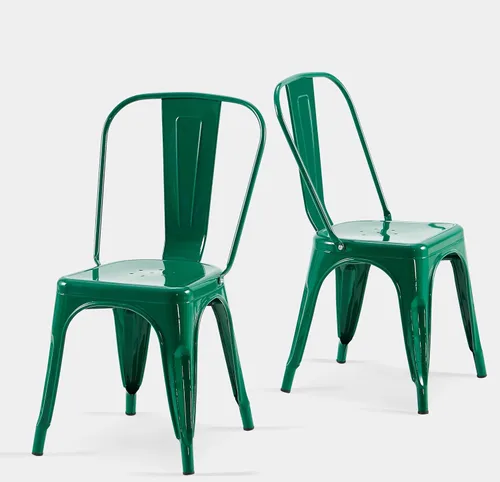 Miniatura 27 de Juego de 8 sillas de comedor de metal verde alpino, sillas de cocina apilables retro estilo granja, sillas laterales de acero verde oscuro para café