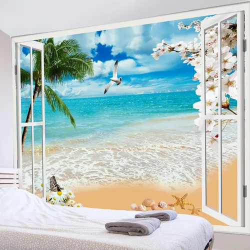 Miniatura 18 de HVEST Tapiz de playa para colgar en la pared, paisaje tropical azul océano, tapiz natural para dormitorio, palmera verde con cielo azul, nube