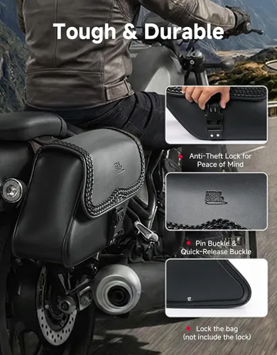 Miniatura 6 de KEMIMOTO Alforjas para motocicleta, bolsa lateral de cuero sintético con cerradura, 28L, bolsas inclinadas con doble correa impermeable y tachuelas