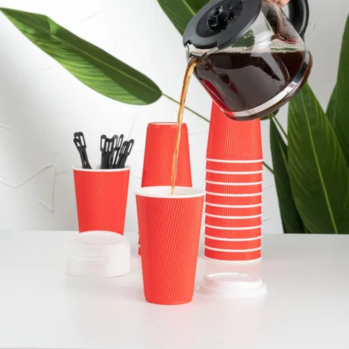 Miniatura 6 de Restaurantware Vasos de café desechables de pared ondulada de 16 onzas, 500 vasos de papel rojo aislados con diseño de borde enrollado, las tapas se