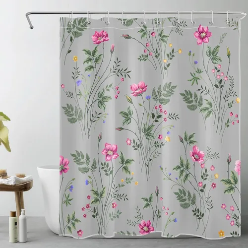 Miniatura 9 de Cortina de ducha floral rosa para baño, flores silvestres y hojas verdes salvia sobre beige, cortinas de ducha con ganchos, juego de cortinas