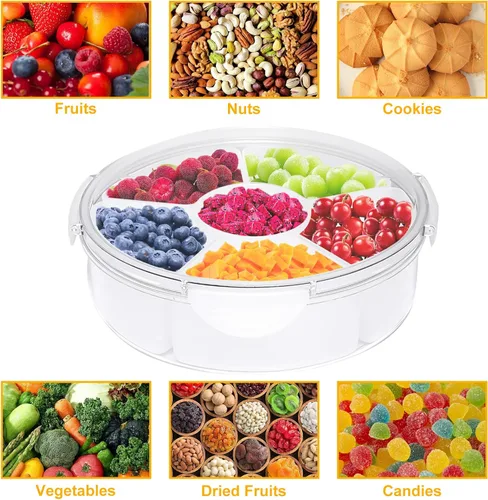 Miniatura 7 de Qivine Bandeja de verduras con tapa para refrigerador, bandeja portátil para verduras con tapa y inmersión, 6 compartimentos divididos bandeja