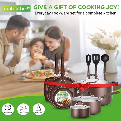 Miniatura 8 de NutriChef NCCW14SBR - Juego de utensilios de cocina antiadherentes de 14 piezas, ollas y sartenes de cocina resistentes a los arañazos con tapas