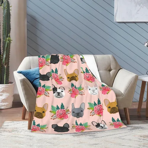 Miniatura 4 de Bonita manta de bulldog francés con diseño floral, suave y acogedora, manta de franela ligera y cálida de felpa para sofá, camping, oficina, viajes