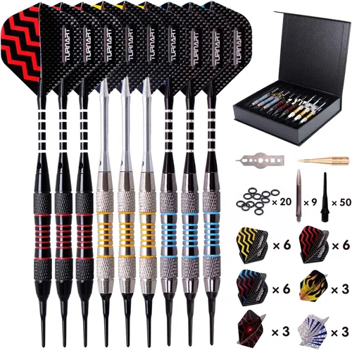 Turnart Dardos de punta de plástico - Juego de dardos profesionales de punta suave para tablero electrónico de 9 piezas, 18 gramos con 50 puntas