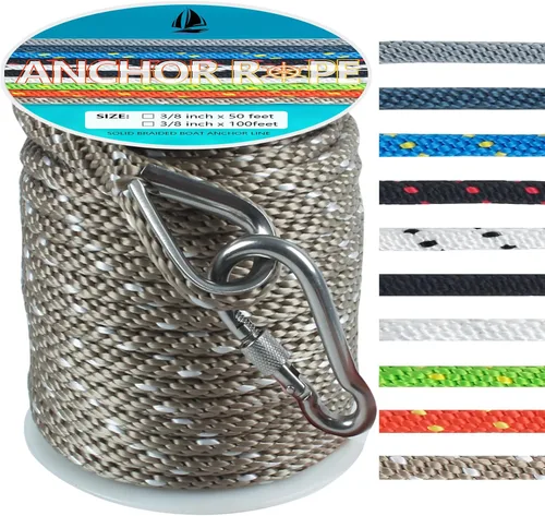 Miniatura 32 de Cuerda de anclaje de 3/8 de pulgada y 100 pies, cuerda de anclaje para barco, trenza sólida MFP, línea de anclaje con dedal de acero inoxidable 316