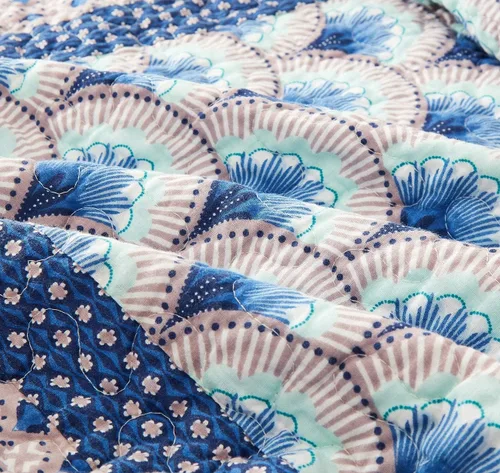 Miniatura 4 de DaDa Bedding - Juego de colcha de retazos de algodón mediterráneo, diseño náutico de mediados de siglo, conchas marinas con olas marinas, color azul