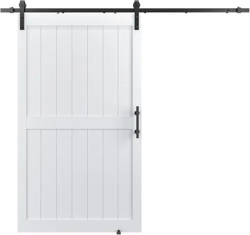 Puerta corrediza de granero MDF de 48 x 80 pulgadas con kit de herrajes para puerta de granero de 8 pies y asa, agujeros preperforados, fácil Blanco