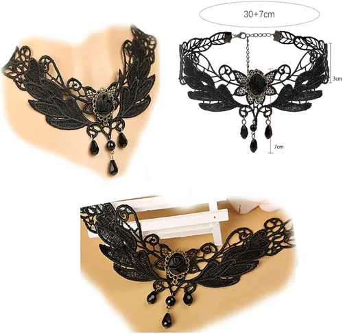 Miniatura 5 de YienDoo Gargantilla de encaje vintage con patrón de encaje gótico blanco, collar punk con borla y cuentas de perlas, gargantilla de princesa