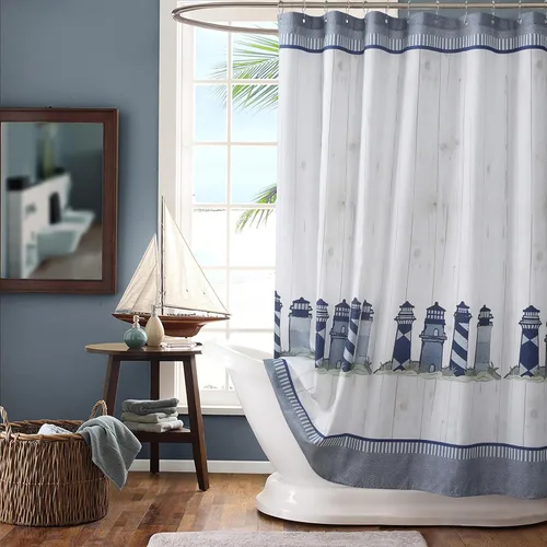 Miniatura 16 de Cortina de ducha náutica, cortina de ducha azul marino y blanca para cubículo de 54 x 72, cortinas de ducha de tela con estampado de ancla y velero