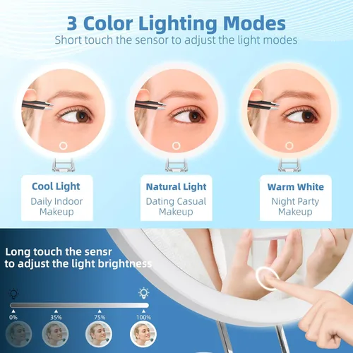 Miniatura 2 de Espejo de aumento con luz 30X, grande, 6 pulgadas, recargable, 3 modos de color, atenuación, espejo de maquillaje iluminado con aumento de 30X, 30x
