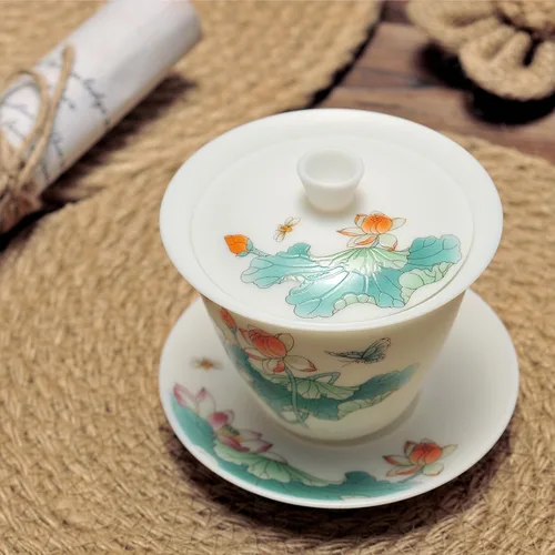 Miniatura 5 de Juego de porcelana blanca de jade hielo Gaiwan, delgado/sin esmaltar/translúcido/calcomanía China Gongfu Tea Cup Set -QinLian