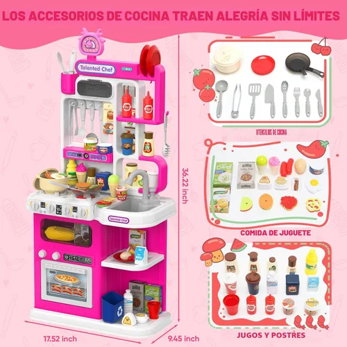 Miniatura 6 de Juego de cocina para niños, cocina de juego de 36.22 pulgadas para niños pequeños de 1 a 3 años con vapor, sonido y luz, estufa de cocina