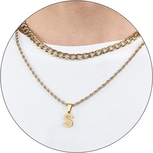 Miniatura 80 de SENRAN Collar con inicial en capas de la A a la Z para hombre, cadena de cuerda torcida de acero inoxidable de 18 a 20 pulgadas, dije de letra