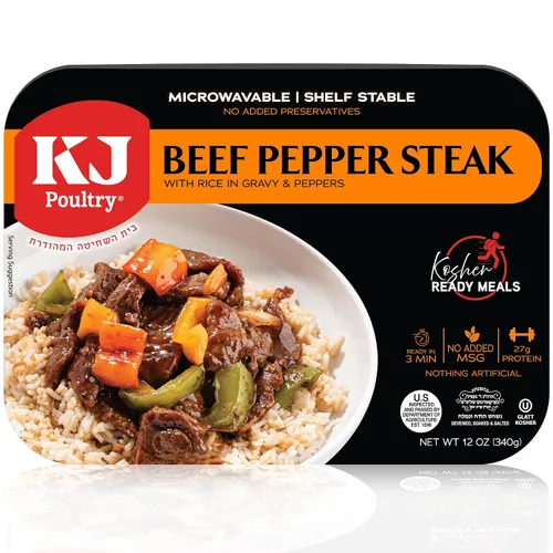 KJ Poultry Comidas preparadas Kosher – Carne de res y pimienta y arroz, comidas de carne MRE listas para comer (paquete de 1) preparadas para