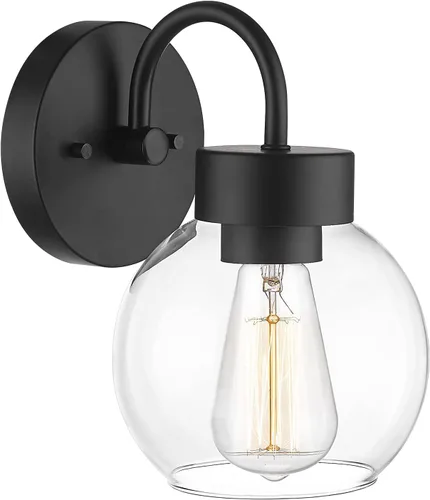 Miniatura 9 de EAPUDUN WLA1433-MBK - Lámpara de baño de 1 luz negra mate sobre espejo, luces de tocador con 1 globo de vidrio transparente, apliques de pared