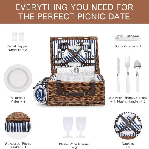 Miniatura 2 de Cesta de picnic para 2 personas – Cestas con enfriador y manta de picnic, cesta de picnic clásica de mimbre con alfombrilla de playa impermeable y a