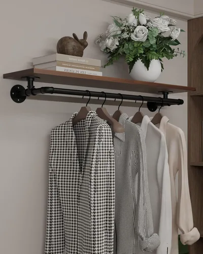 Miniatura 21 de Perchero negro de 36 pulgadas, perchero montado en la pared con estante de madera real negra, perchero colgante resistente, barra para colgar