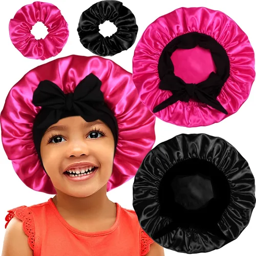Miniatura 7 de 2+2 gorros de satén con coleteros para niños, bonitos gorros de pelo para niñas para dormir cabello rizado, A