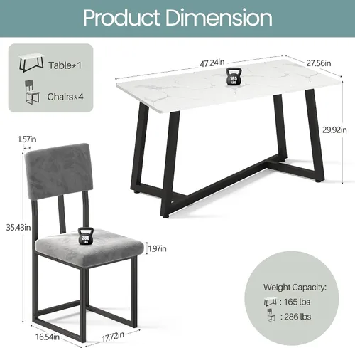 Miniatura 5 de HUGROVE Juego de comedor de 5 piezas, juego de mesa de comedor de mármol sintético de 47.24 pulgadas para 4, moderno y minimalista juego de cocina