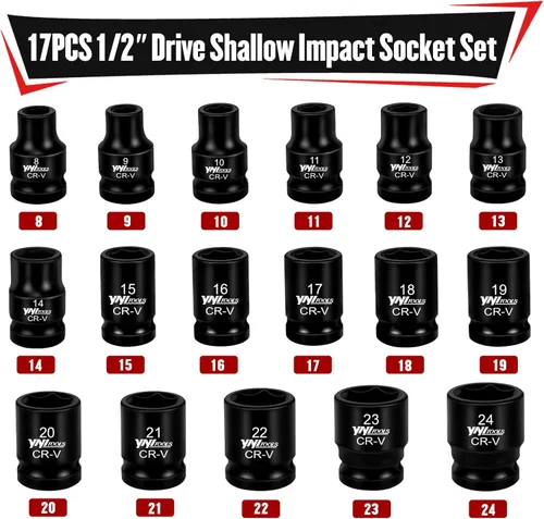 Miniatura 2 de YIYITOOLS Juego de 17 piezas de llaves de impacto superficial con guía de 1/2 pulgada (8-24mm), juego de llaves métricas, 6 puntas, acero CR-V