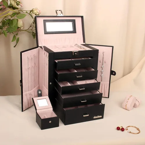 Miniatura 7 de FEIYAN Joyero organizador grande con estuche de viaje pequeño, caja negra de espejo de 6 capas con cajones para mujer
