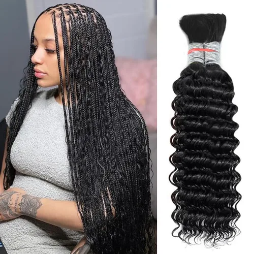 Miniatura 11 de Cabello humano trenzado para trenzas bohemias, cabello humano trenzado de onda profunda, cabello humano a granel para trenzar, sin trama 10A, húmedo