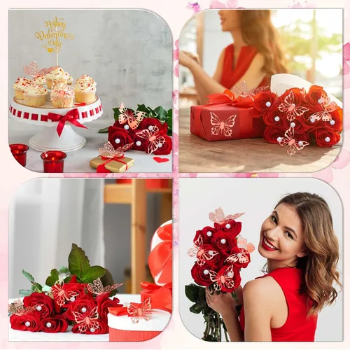 Miniatura 7 de Whaline Juego de ramilletes de boda, 100 piezas, ramilletes de boda, 48 piezas de decoración de pared de mariposa de oro rosa 3D, 15 hojas de papel