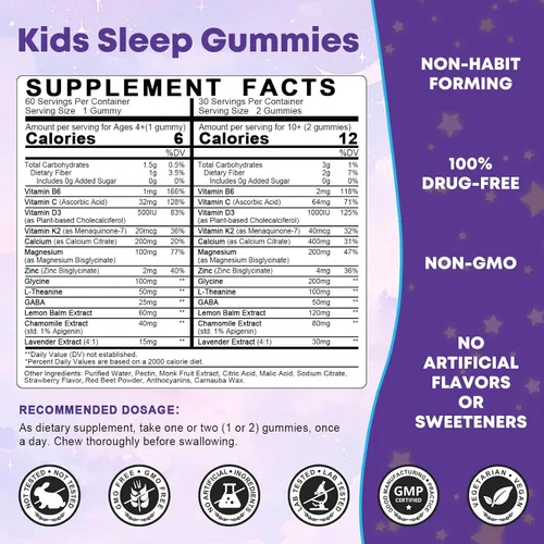 Miniatura 3 de Gomitas para dormir para niños, sin melatonina, gomitas para ayudar a dormir con magnesio y calcio, zinc, glicina, L-teanina, GABA, vitamina D3 K2