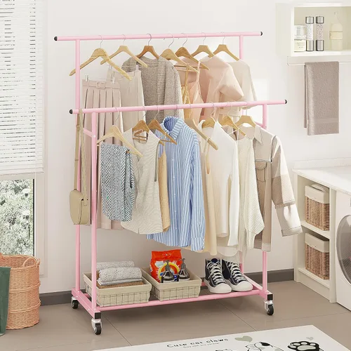 Miniatura 4 de Calmootey Perchero de ropa de doble barra, organizador de ropa portátil para dormitorio, sala de estar, tienda de ropa, rosa