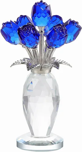 YWHL Figura de ramo de rosas azules de cristal con jarrón, hecha a mano para mujeres en el día de la madre, flores de cristal con tallo decoración