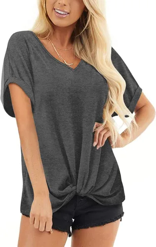 Miniatura 3 de Bofell Camisetas de manga corta enrolladas con cuello en V para mujer, blusas de verano con nudo frontal