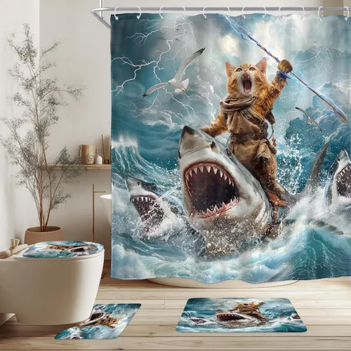 Miniatura 8 de Divertida cortina de ducha con diseño de gato de surf, tiburón, divertida, náutico, océano, océano, mar, ondas, animales, novedad, 72 pulgadas