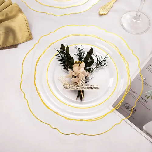 Miniatura 6 de WDF 100 platos de plástico desechables transparentes con ribete dorado, color dorado transparente barroco, incluye 50 platos llanos de 10.25 Claro