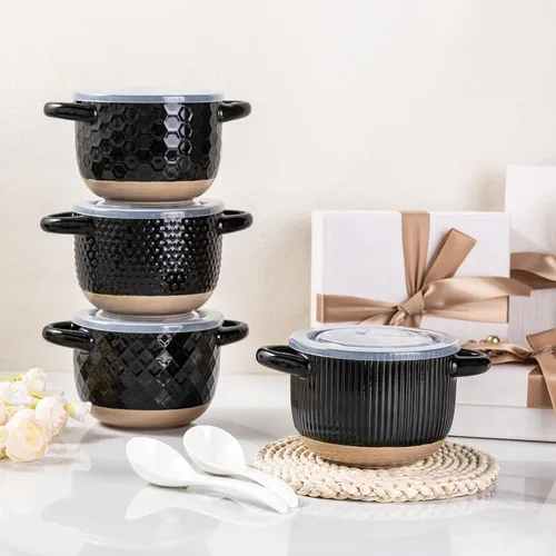 Miniatura 7 de GBhome Cuencos de sopa de 22 onzas con asas y tapas grandes, juego de 4 cuencos de cerámica con cuchara para sopa, cereales, estofado, coloridos