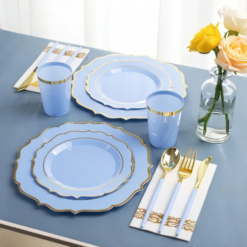 Miniatura 7 de Elegante juego de vajilla desechable azul y dorado para 25 invitados, 175 platos de plástico resistente, tazas y cubiertos dorados para baby