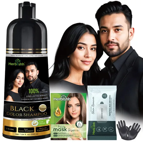 Miniatura 19 de Herbishh Paquete de Viaje Champú Tinte para el Cabello en Sobre + 1 Sobre de Mascarilla Capilar de Argán (Negro, 1 sobre)
