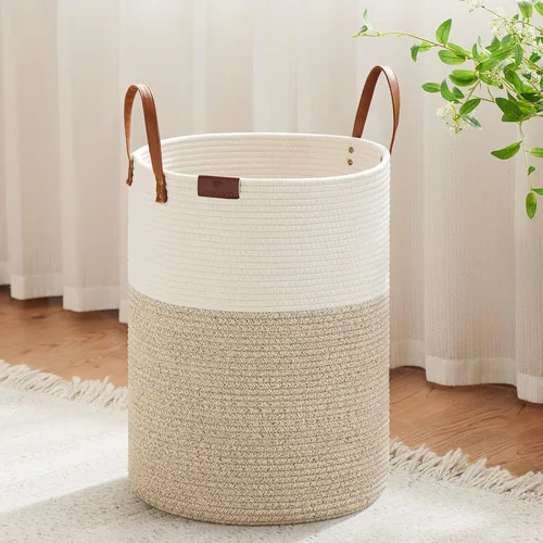 Miniatura 35 de VIPOSCO Cesta alta para ropa sucia, cesta grande para ropa sucia con mango de cuero, cesta de almacenamiento de cuerda tejida para manta, juguete