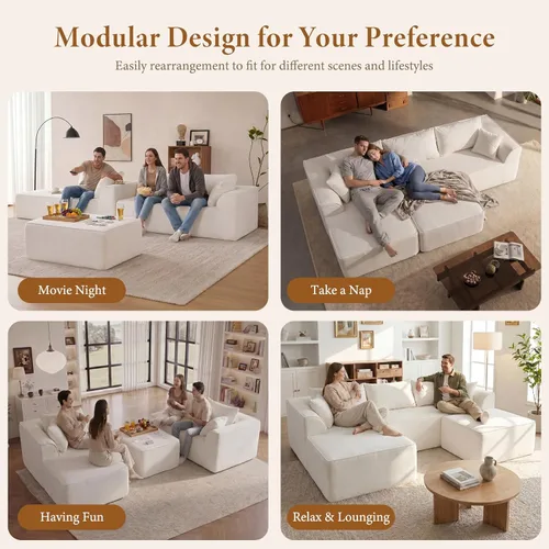 Miniatura 7 de Vesgantti 106" Boneless Couch with Chaise, U Shaped Deep Seat Comfy Cloud Modular Sofa Chenille Memory Foam Sectional Couches for Living Room