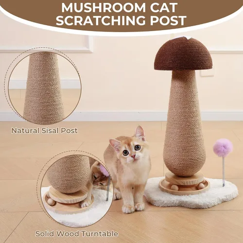 Miniatura 3 de Poste rascador de hongo para gatos con pista interactiva de bolas de resorte, juguete para gatos, árbol rascador de yute para gatos